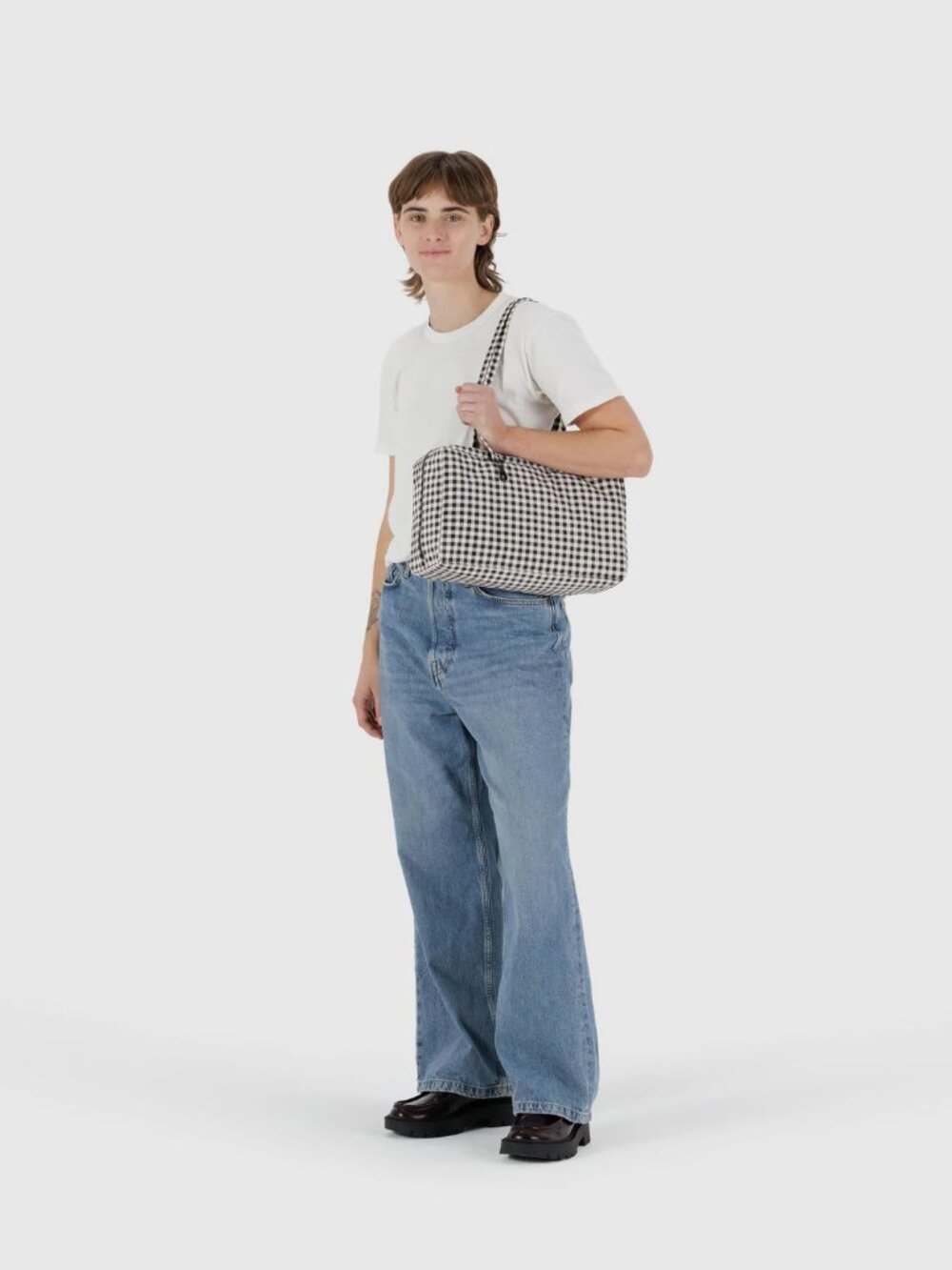 Baggu Medium Nylon Bowler Bag in Black and White Gingham - Picture 4 of 7